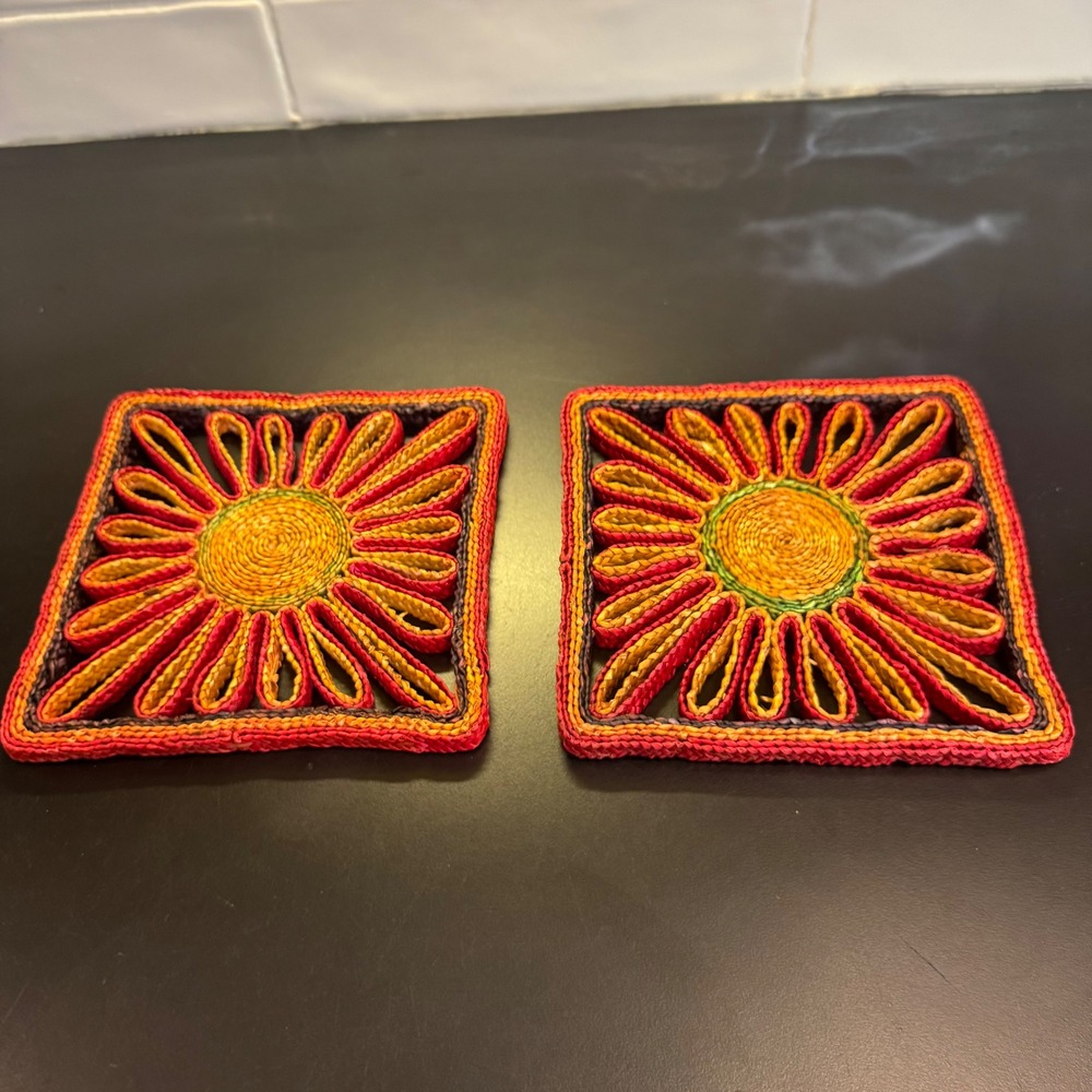 Vintage Sunflower Raffia Trivets Set of 2 Red Yellow 7in Woven Boho Decor